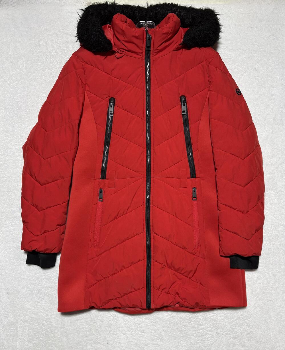 Michael Kors Coat Womens Large Red Hooded Quilted Parka Faux Fur Trim NO BELT